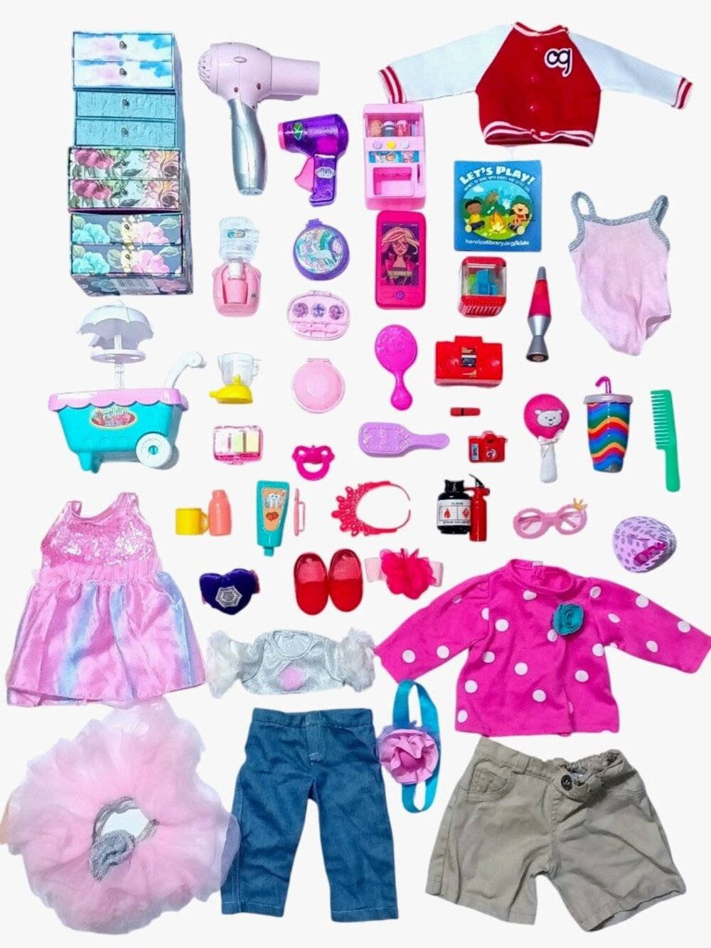 Huge Mixed Lot of Clothes & Accessories for 18” Dolls Dollhouse Furniture & More
